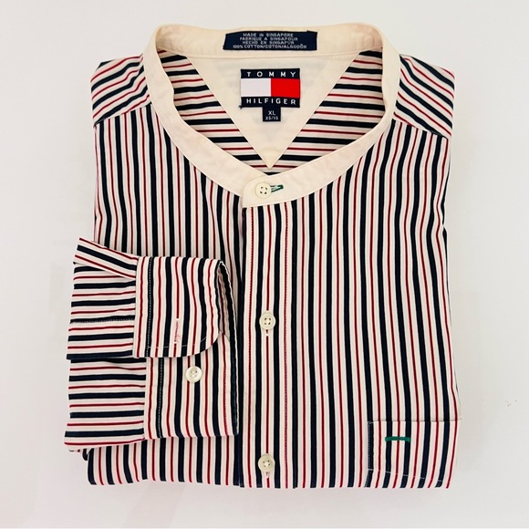 Tommy Hilfiger Other - Vtg Tommy Hilfiger grandad Shirt Sz XL Crest Striped Poplin Band Collar preppy